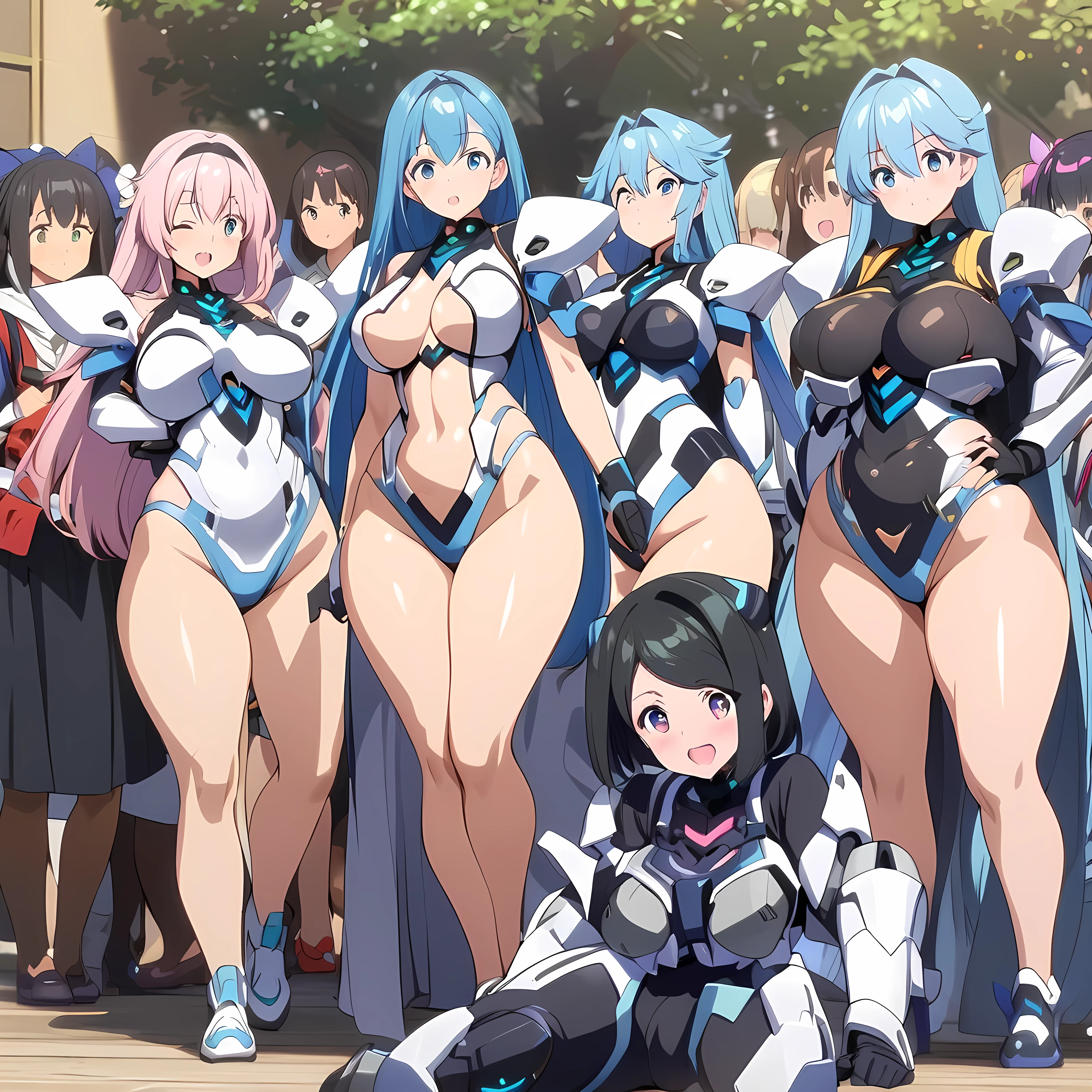 Anime, girls Wearing soft mecha armors, multiple girls, girls surrounding, curvy body