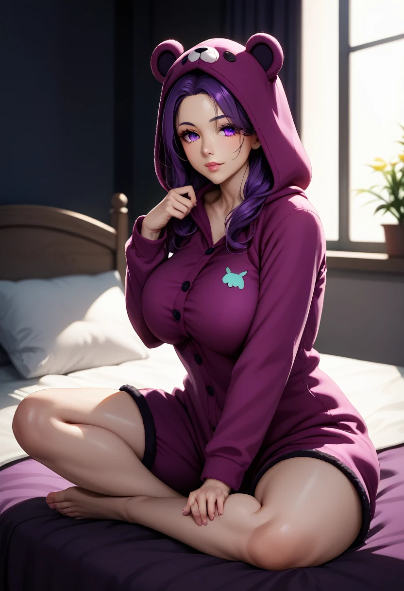 beautiful, (masterpiece), best quality, 4k, (extremely detailed face), extremely detailed eyes, perfect lighting, OverallDetail, 1 girl, 25 years old, mature face, detailed, deep skin,textured skin, ,black bear costume , full body costume, onesie pajamas , onesie black bear costume, long sleeves, hood up, legs covered, attractive face, exited eyes, big detailed eyes, purple attractive eyes ,on bed , purple hair, medium long hair, attractive figure, seiza sitting pose , simple pose, sitting between pillows, shot sideways, plushies near her, sharp jawline, side view, full dodu view
