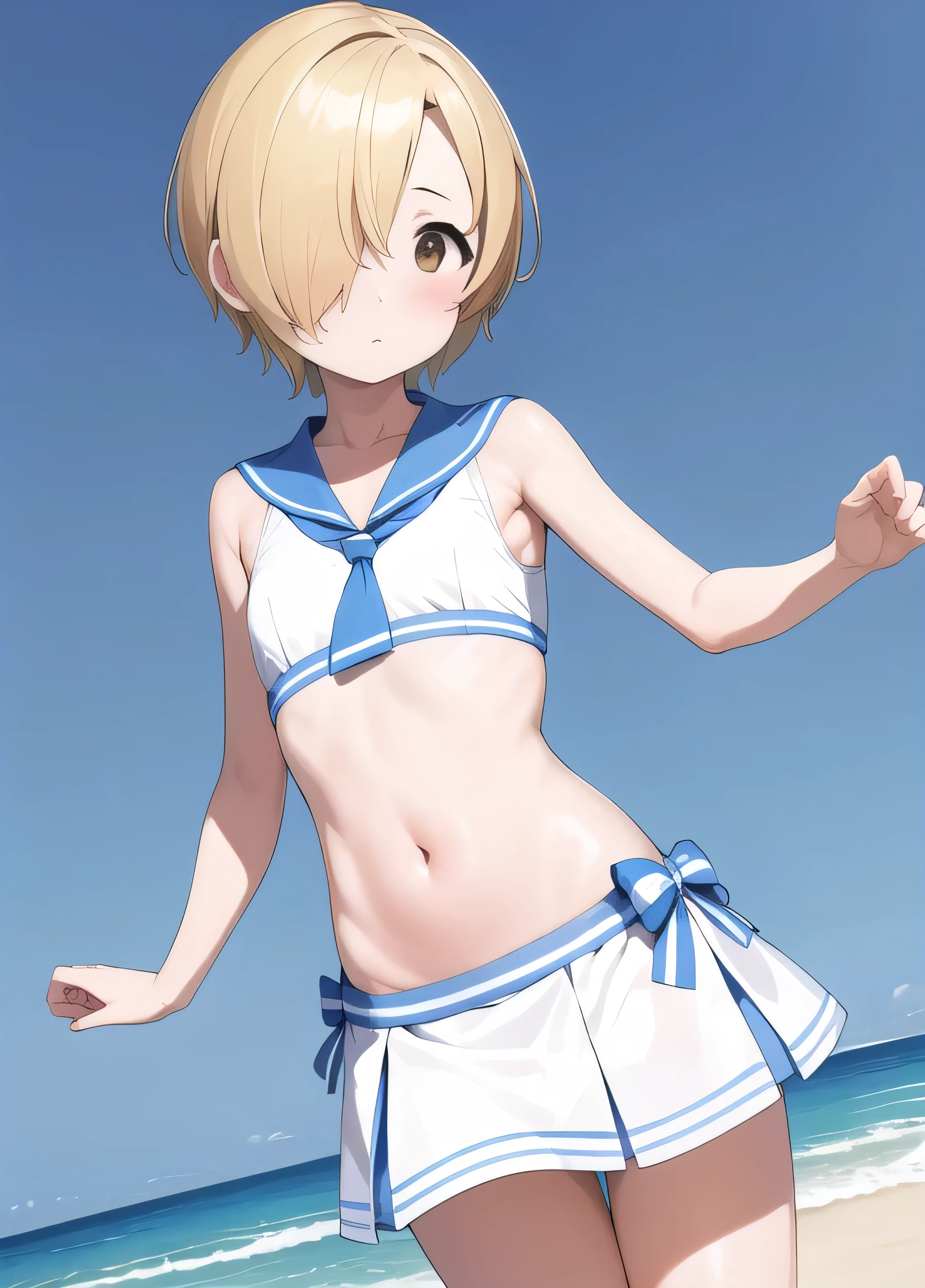 masterpiece, Best Quality, super detailed, Illustration,  one girl playing pranks, Alone,  Watching the audience  ,  outdoor , Beach, Blue Sky,  you have_Sailor_dress, striped bow , white dress,  miniskirt in length, Thighs,  Shirasaka Koume, blonde, hair over one eye,  short haired ,  Brown Eyes ,  flat chest,bikini,belly button