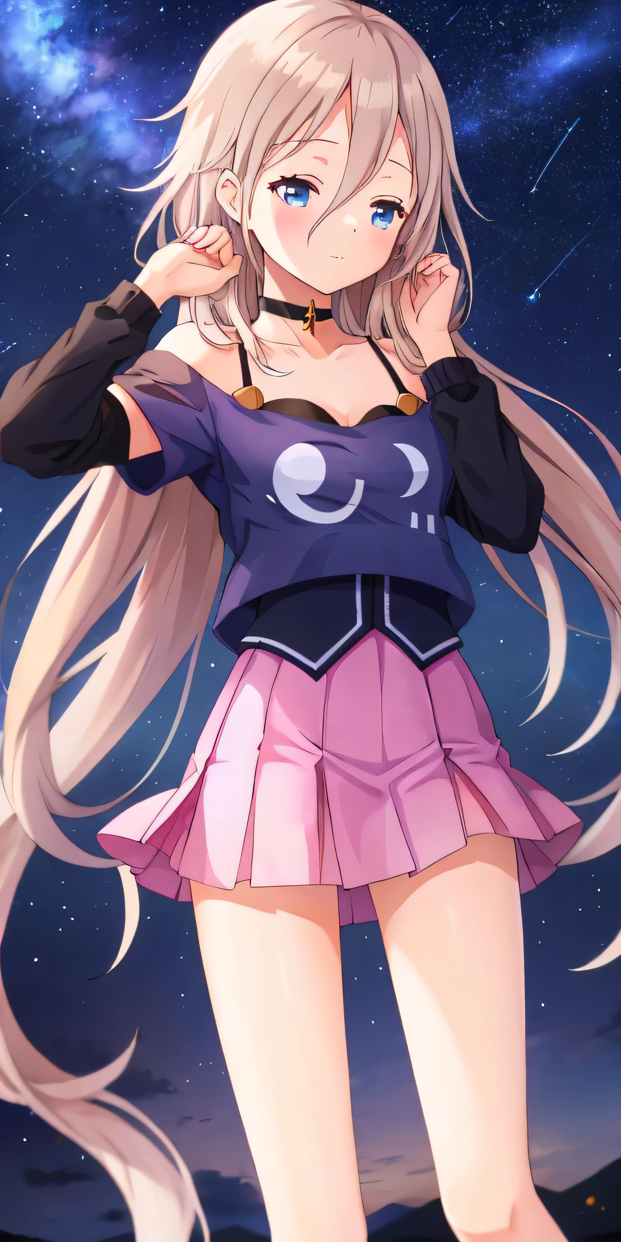  one girl playing pranks, IA,  Aria of the Planets,  off shoulder,  black shirt ,  short skirt ,  choker, Starry Sky,  Look at the sky , Praying to the Stars ,  close eyes,  Praying Hands 