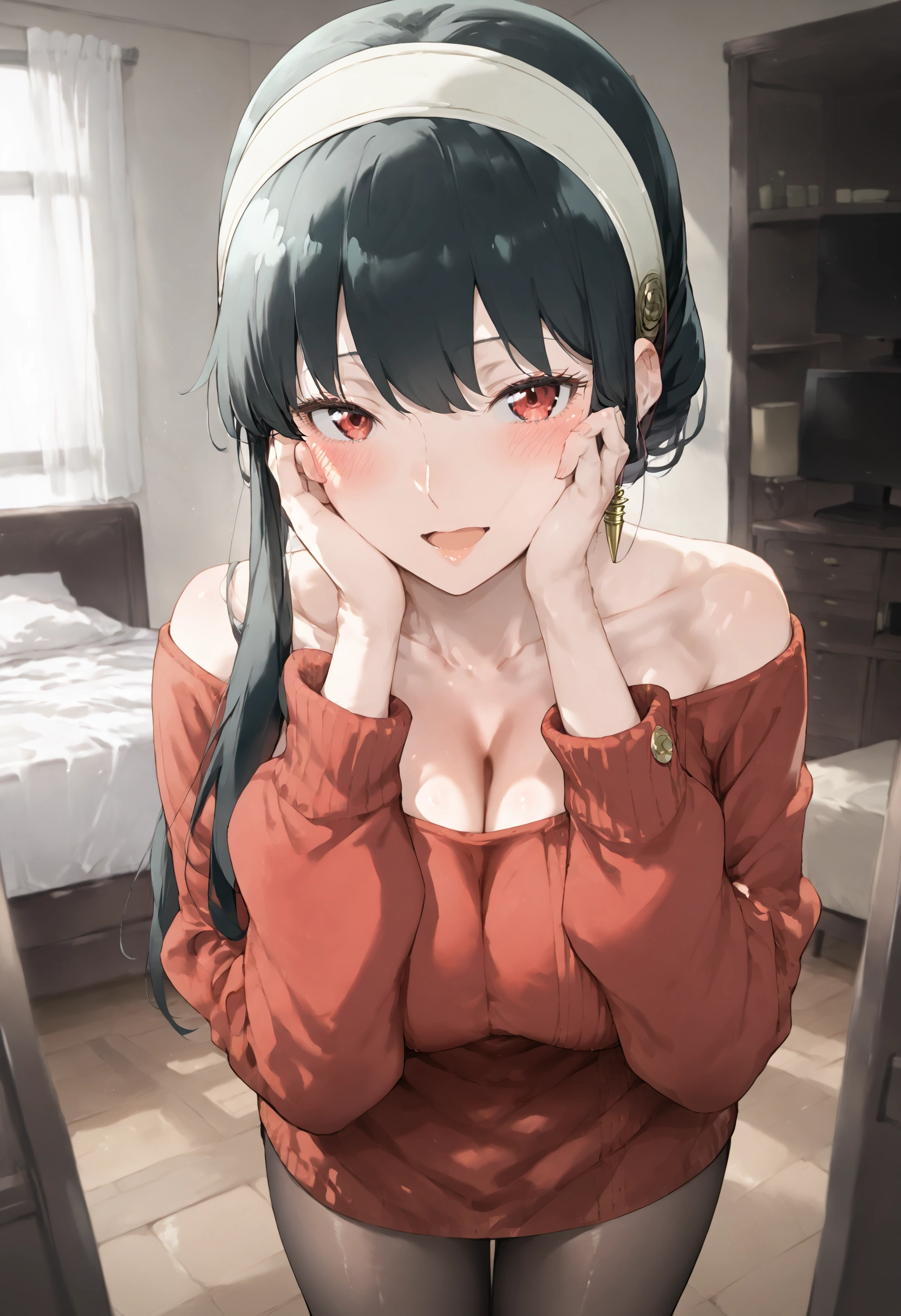 score_9, score_8_up, score_7_up, source_anime,1girl, Yor forger, red sweater, red eyes, sweater, solo, hairband, medium breasts, black hair, blush, looking at viewer, white hairband, off-shoulder sweater, collarbone, long hair, hands on own face, cleavage, off shoulder, sidelocks, pantyhose, long sleeves,bent over,open mouth,bedroom