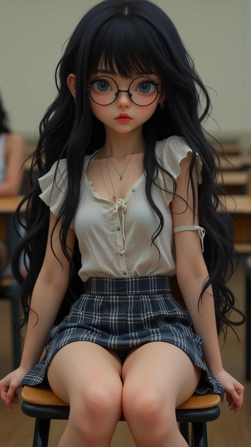 (The best quality,  masterpiece , animated, 4k, extreme detail), 1 girl, guarrilla,   long curly hair , dark hair,  guarrilla makeup ,  Ruffle shirt , pleated skirt, plaid skirt,  Super textured outfit, Slim figure,  small breasts ,  Silver perforations , thick glasses, round face,  big lips, lipstick, long legs,  legs spread wide, without panties, vulva,  I was sitting in a classroom , on a desk, tied to her chair , Tied, bdsm, flushed, grumpy, schoolgirl outfit,  From the front  bondage