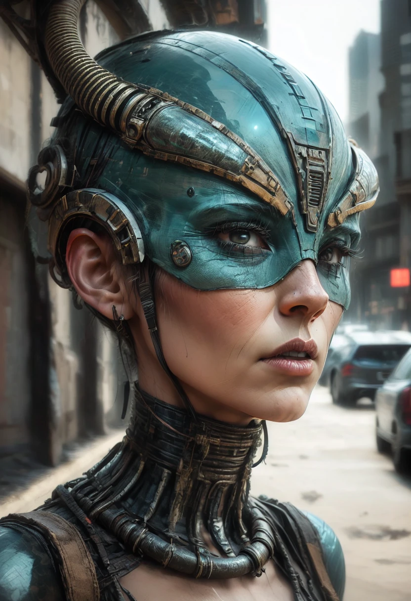 A technologically advanced and highly detailed ancient alien in a post-apocalyptic cityscape.portret. Solo, Best Quality, Detail, High Details, Detail, Punk Woman, 