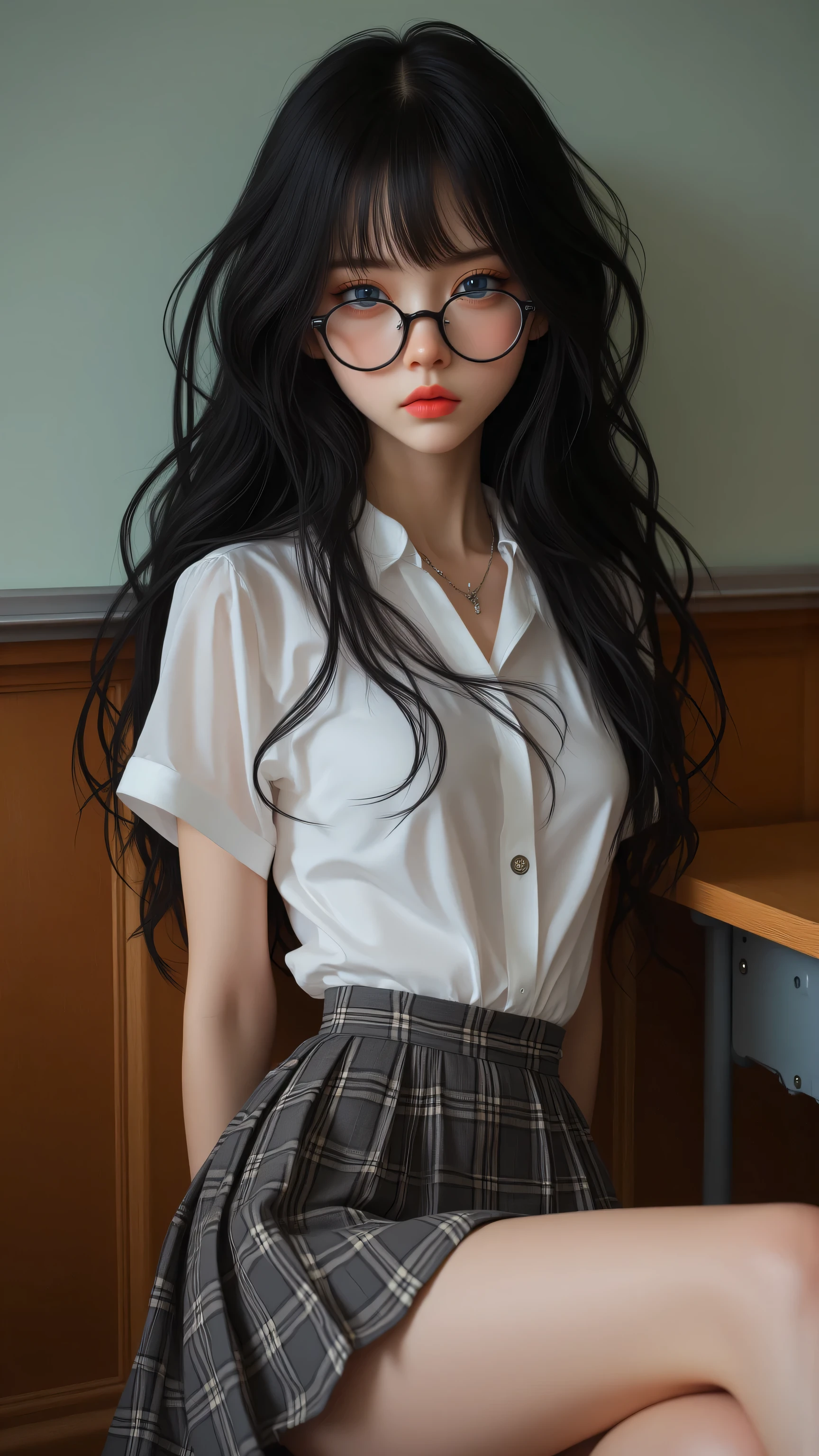 (The best quality,  masterpiece , animated, 4k, extreme detail), 1 girl, guarrilla,   long curly hair , dark hair,  guarrilla makeup ,  Ruffle shirt , pleated skirt, plaid skirt,  Super textured outfit, Slim figure,  small breasts ,  Silver perforations , thick glasses, round face,  big lips, lipstick, long legs,  legs spread wide, without panties, vulva,  I was sitting in a classroom , on a desk, tied to her chair , Tied, bdsm, flushed, grumpy, schoolgirl outfit,  From the front  bondage