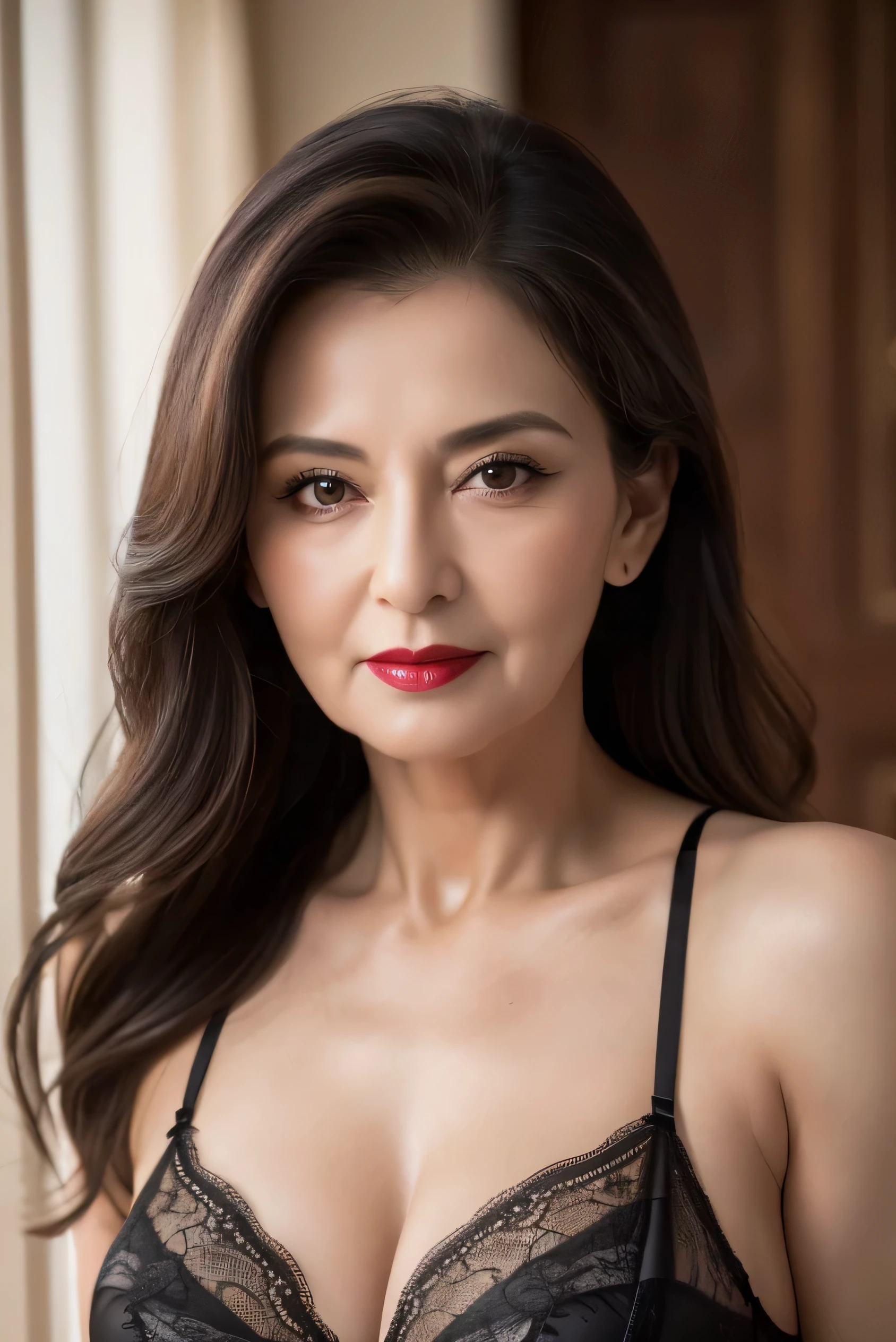 Pay back, masterpiece, high res, Realistic, RAW Photos, 8k wallpaper, perfection, Big Breasts,Red lipstick, Professional Lighting During Photo Session , Long Hair, very detailed , (( Beautiful Aunt)), 80 years old, Sexy old woman, (( sexy black lingerie)), upper body, ((Stare at the viewer seriously 'eye)), Detailed face, Beautiful eye, ((I' I'm looking forward to it )), In the stylish dining room, sunny, bangs, Shapely breasts, Long Hairヘア, Plump and Shiny Lips
