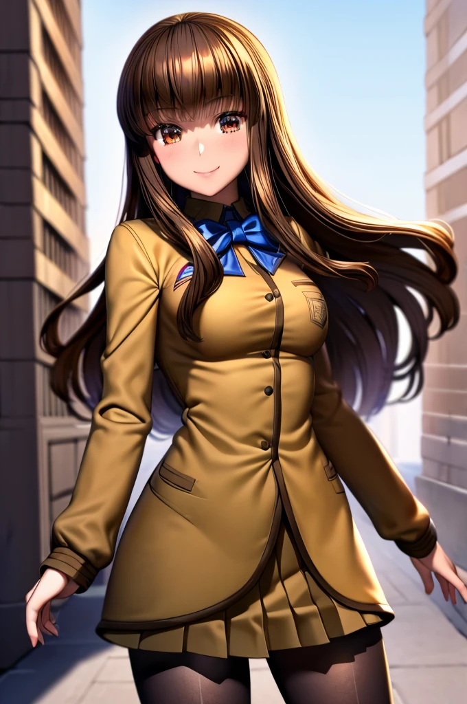 (Masterpiece, Ultra-high resolution, 8k, High Quality, Top quality, High-Detailed, Detailed CG, Cinematic Shadow:0.5, Beautiful Detailed Eyes, Ultra Resolution, Depth of Field, High Resolution, Masterpiece: 1.2), (Anime Art style), (cowboy shot), ((school)), 1girl, solo, hmkh1, blue bowtie, blue bow, brown skirt, brown jacket, black pantyhose, school uniform, brown eyes, brown hair, long hair, bangs, small breasts, beautiful breasts, smile, walking,