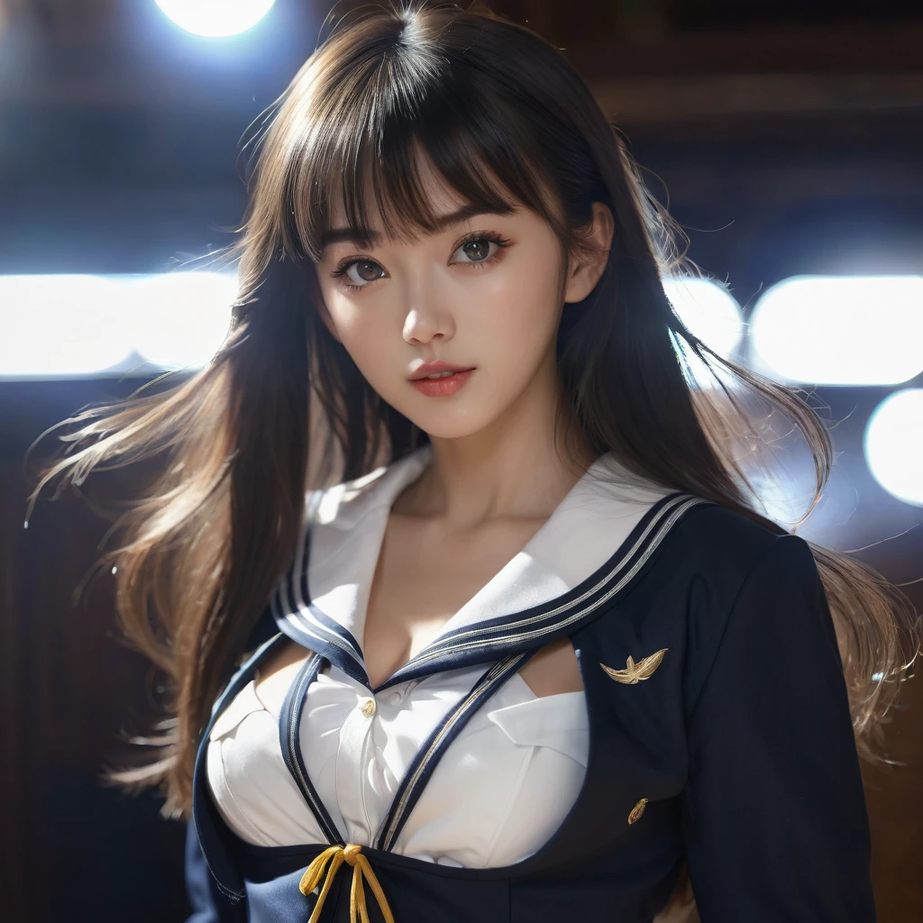 The best quality,  masterpiece ,  High resolution ,cowboy shot,1 woman,2 beauty ,black fur,across the width, straight bangs , black eyes ,beautiful eyes,、sailor suit,mini skirt、 medium breasts, skinny, thin body,natural, side lighting ,  ( shiny skin:1.2), 8K Ultra HD, suit of light, High quality,  volumetric lighting ,photograph,  High resolution , 8K,