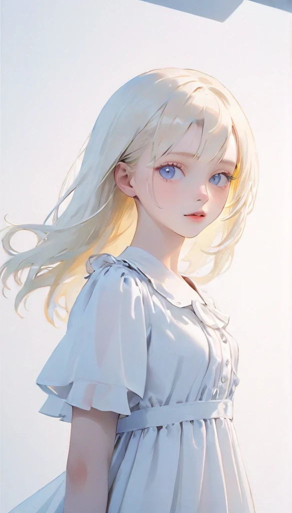 (((White Background:1.3)))、(((1 albino girl、Cute Face、pretty girl))), ,(((The eyes are white:1.3)))、White Dress、((White shirt:1.3、White Block Dress)), Tyndall effect, Realistic, Shadow Studio,ultramarine、illumination, Dual tone illumination, (Skin with attention to detail: 1.2)、薄Dark illumination、Dark illumination、 photograph, High resolution, 4K, 8k, Background Blur,Beautiful fade out、White world、White Background