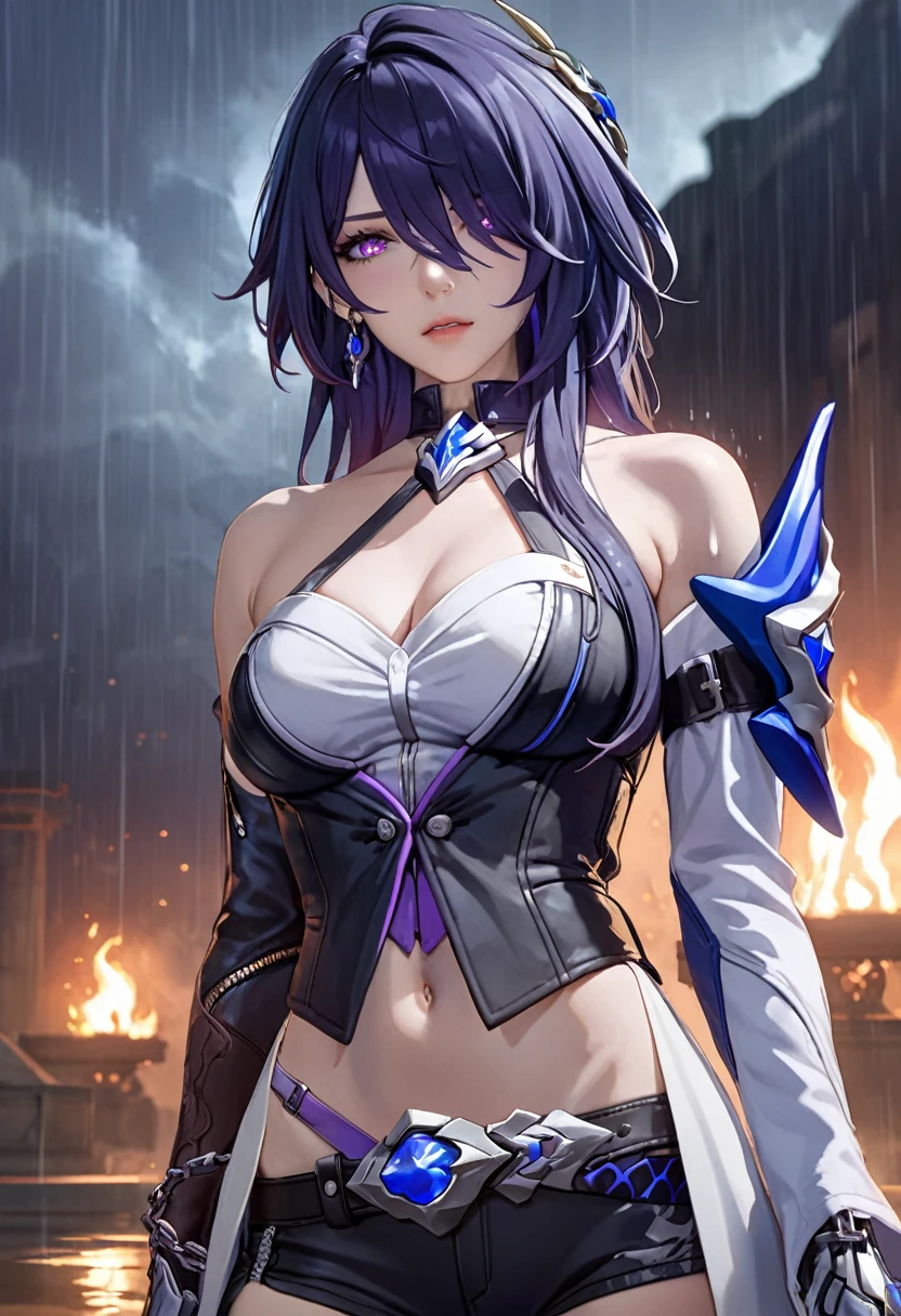 ultra-detailed, 1girl, solo, acheron, honkai star rail, ((masterpiece)), (best quality), (highres), 16K, dark gradient hair, long hair, hair ornament, earrings, masterpiece, best quality, high quality, amazing composition, 1girl, from front,armpit, acheron, white asymmetrical clothing, shoulder armor, bare shoulder, brooch, hair ornament, earrings, chained gauntlet, asymmetrical legwear, leather glove, dark gradient hair, flame pattern, cowboy shot,glowing eyes in the dark,close up face,dak background theme, rain,best propisional body