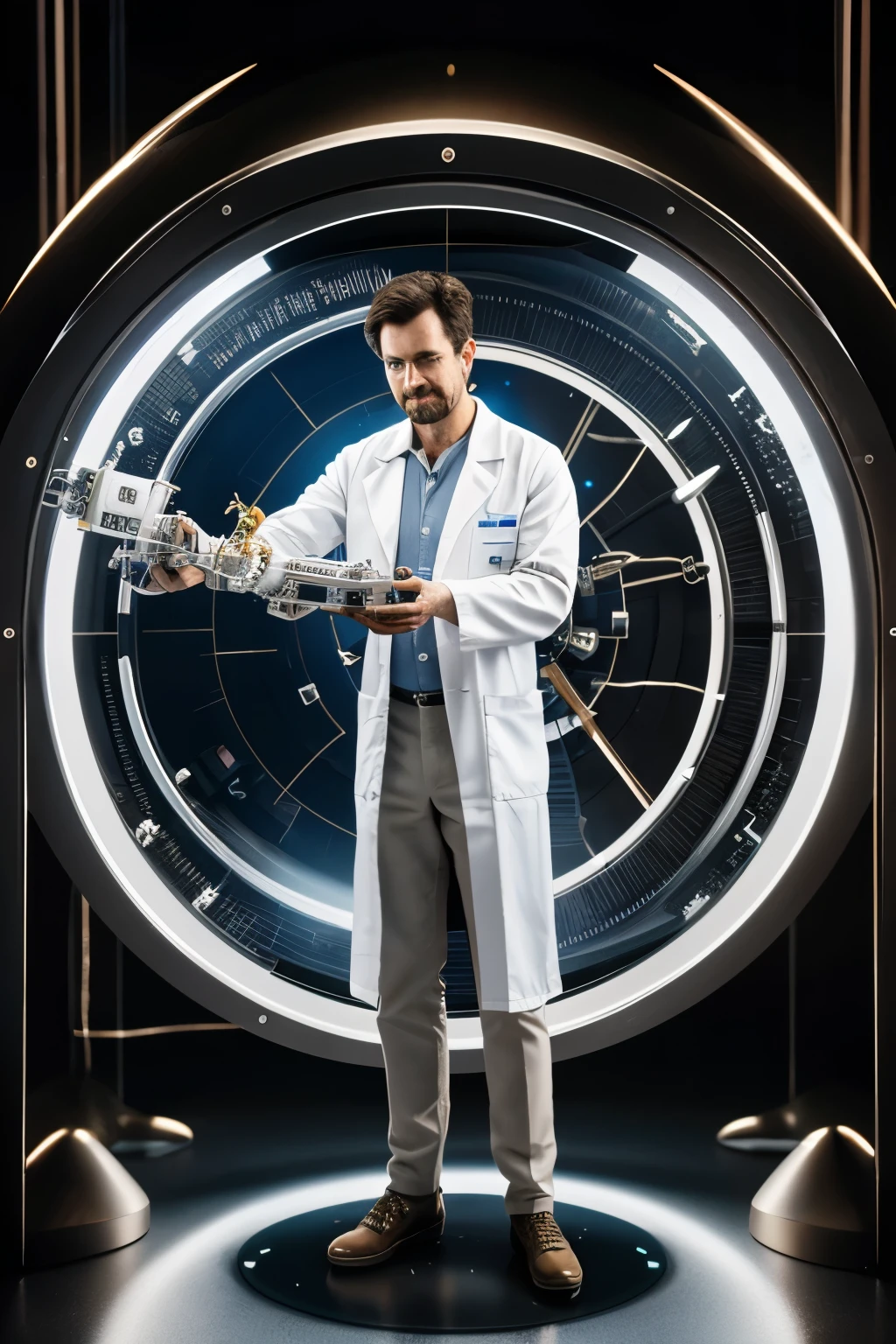 a scientist working on a time machine, detailed portrait of a scientist in a lab, wearing a white lab coat, holding futuristic time machine device, intricate gears and displays, complex scientific equipment, dramatic lighting, cinematic composition, photorealistic, 8k, award winning digital art