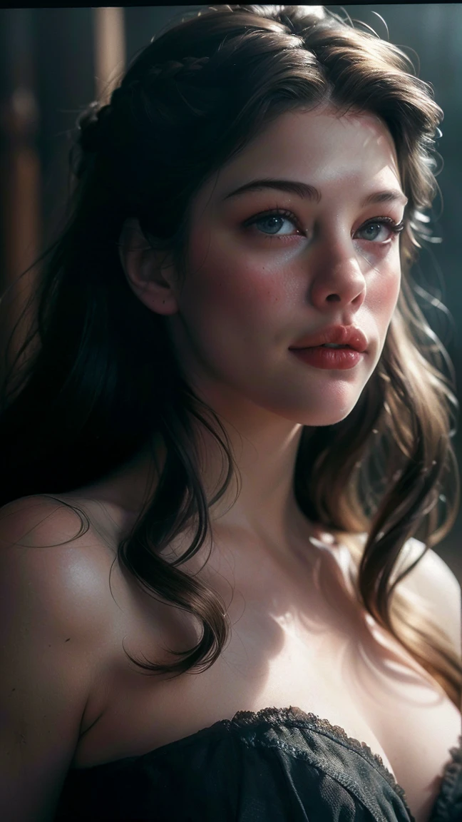 (((ultra realistic))) ((young Liv Tyler)) Photo, masterpiece, top quality, (pale skin), Blondie hair, (Ultra detailed face and eyes:1.2), Bright eyes, 1 adult girl, brassiere, Dark background, (Eye makeup, mascara) , ((Blonde wavy hair)) , ((Stylish hairstyle)) , (Natural breasts), (A slight smile), ((Posing)), photoshoot, studio (Contour lighting), (The play of light and shadows), depth of field, bokeh, (special attention to skin detail: 1.2), Detailed leather texture, skin pores, ((Dark and gloomy atmosphere of the frame. color scheme - black, Gray, Ashen, blue tones)), ((Film grain, VHS effect)), ((rays)) , ((waist up portrait, close to the camera)) , ultra detialed, 