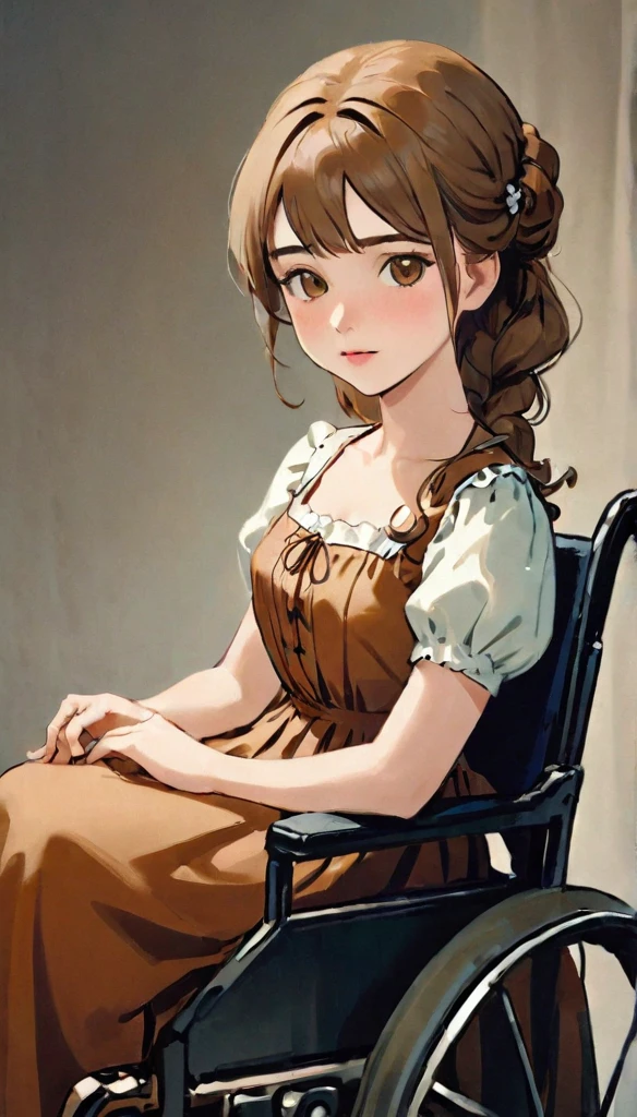 A 21 year old girl, she has light brown hair, brown eyes, small lips, upturned nose, large forehead, medium bust, straight hair, she is wearing a dress from the 1800s, she is paraplegic, and is sitting in a wheelchair, she is conservative in her personality,