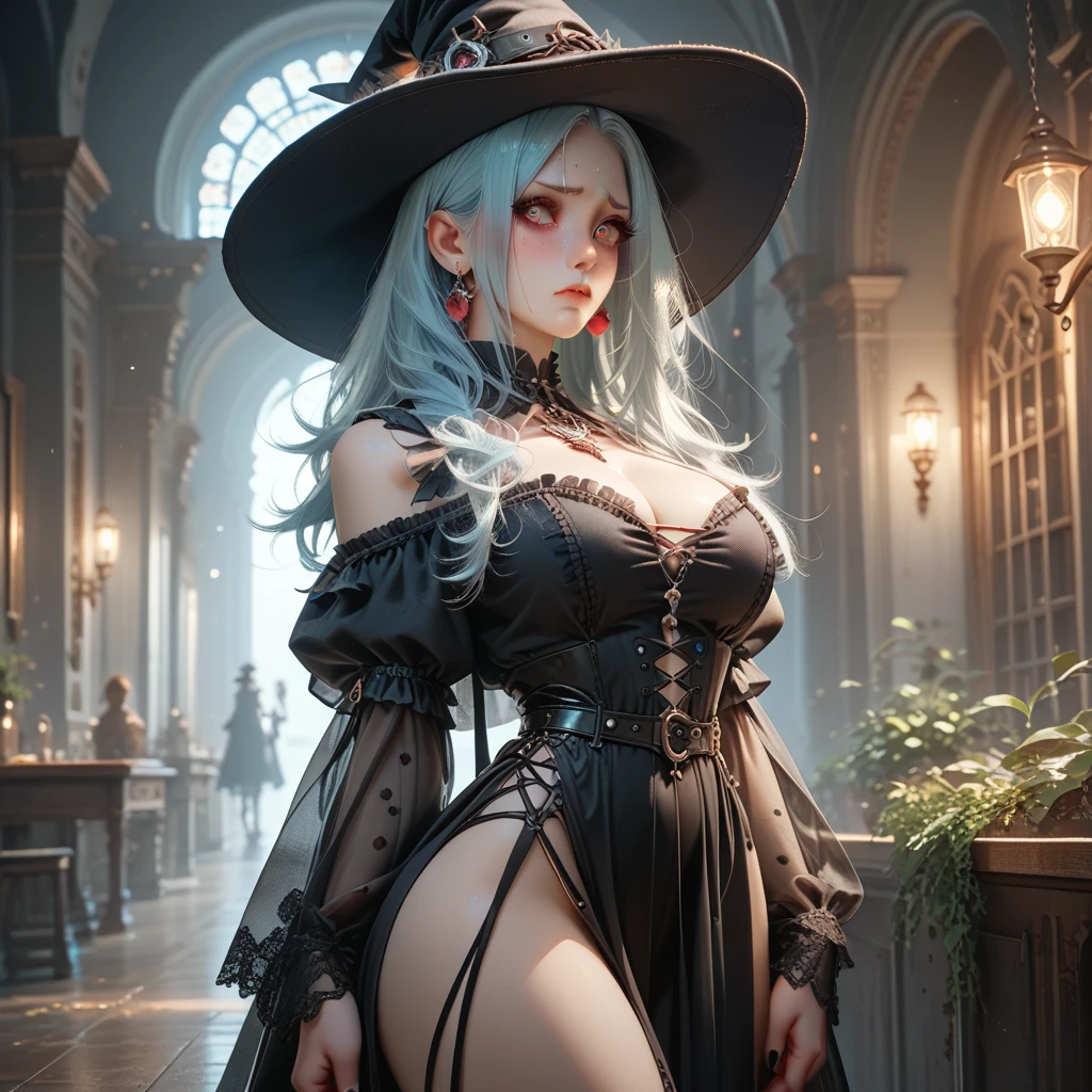 A busty female witch with a huge ass thick legs good waist very well detailed long light blue hair wearing very bright black lycra clothes posing embarrassed crimson eyes