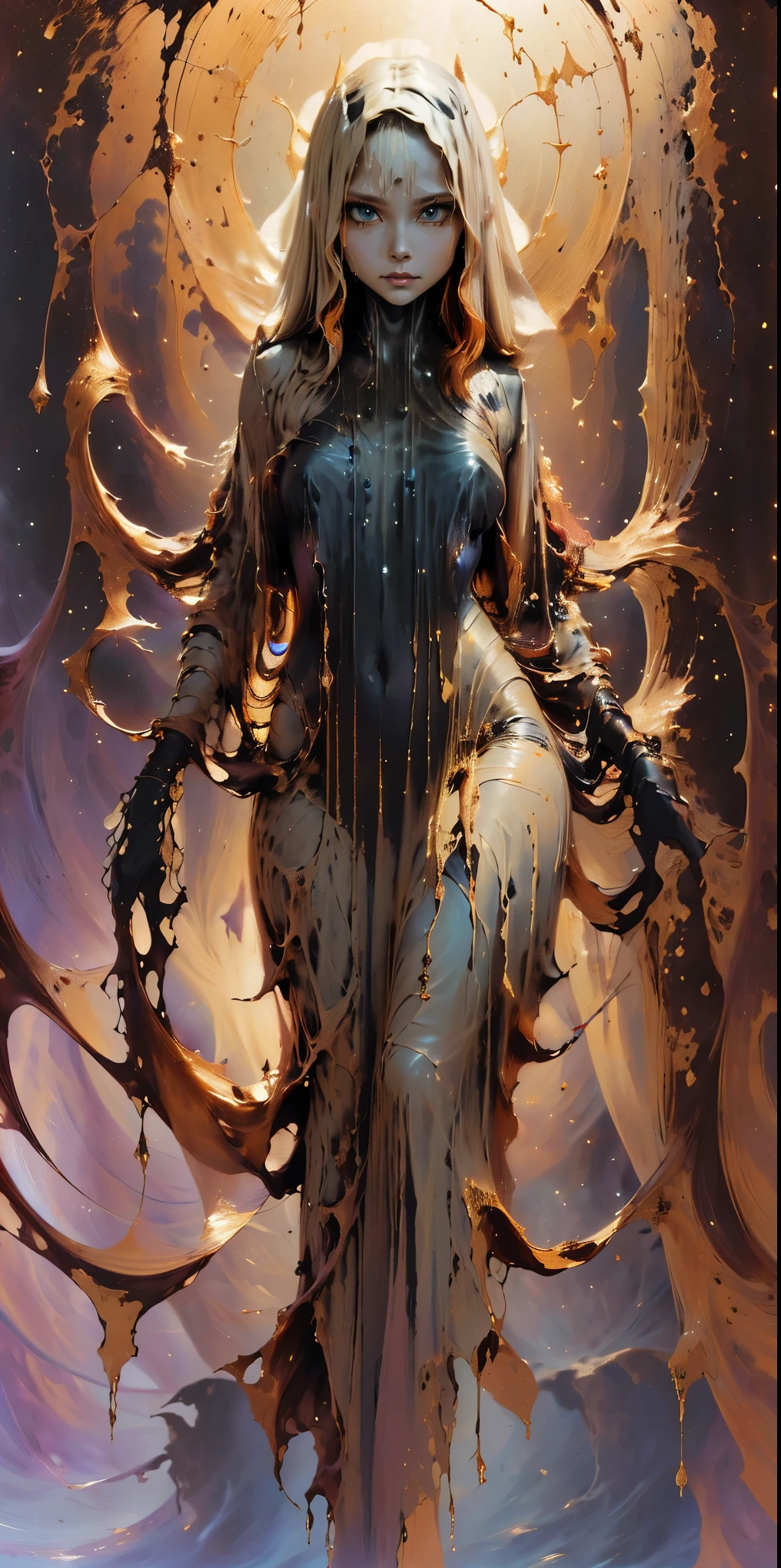 (body formed by galactic liquid mauevine and black metallic paint twisting into a beautiful interpretation of the female figure), necromancer,  au naturel,((complex galactic metallic colours in the foreground)), (( fluid mechanics, the loveliest smooth scale face makeup, smirky expression)) - red, black and gold, onyxia, metallic color palette g0s1