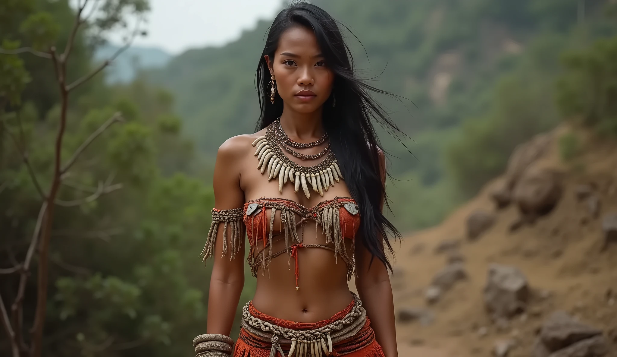 1 tribal girl, wearing tribal accessories, sitting down on rock and open leg wide, nsfw, front view, bathing in river, show vaginal, full body visible, ((uncensored))), RAW, 8k, hard light, realistic skin texture, (((photorealism)))