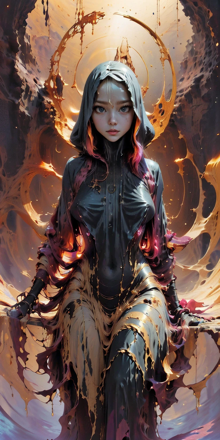 (body formed by galactic liquid mauevine and black metallic paint twisting into a beautiful interpretation of the female figure), necromancer,  au naturel,((complex galactic metallic colours in the foreground)), (( fluid mechanics, the loveliest smooth scale face makeup, smirky expression)) - red, black and gold, onyxia, metallic color palette g0s1, cosmic nebula