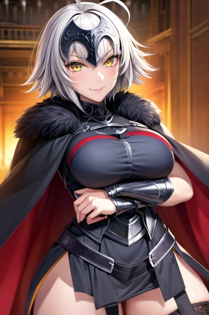 (Masterpiece, Ultra-high resolution, 8k, High Quality, Top quality, High-Detailed, Detailed CG, Cinematic Shadow:0.5, Beautiful Detailed Eyes, Ultra Resolution, Depth of Field, High Resolution, Masterpiece: 1.2), (Anime Art style), (cowboy shot), ((temple)), 1girl, solo, jalter, white hair, short hair, (yellow eyes:1.5), headpiece, ahoge, armor, armored dress, black thighhighs, cape, dress, fur trim, fur-trimmed cape, scowl, sheath, short dress, thighhighs, torn clothes, beautiful breasts, evil smile, walking, flame,