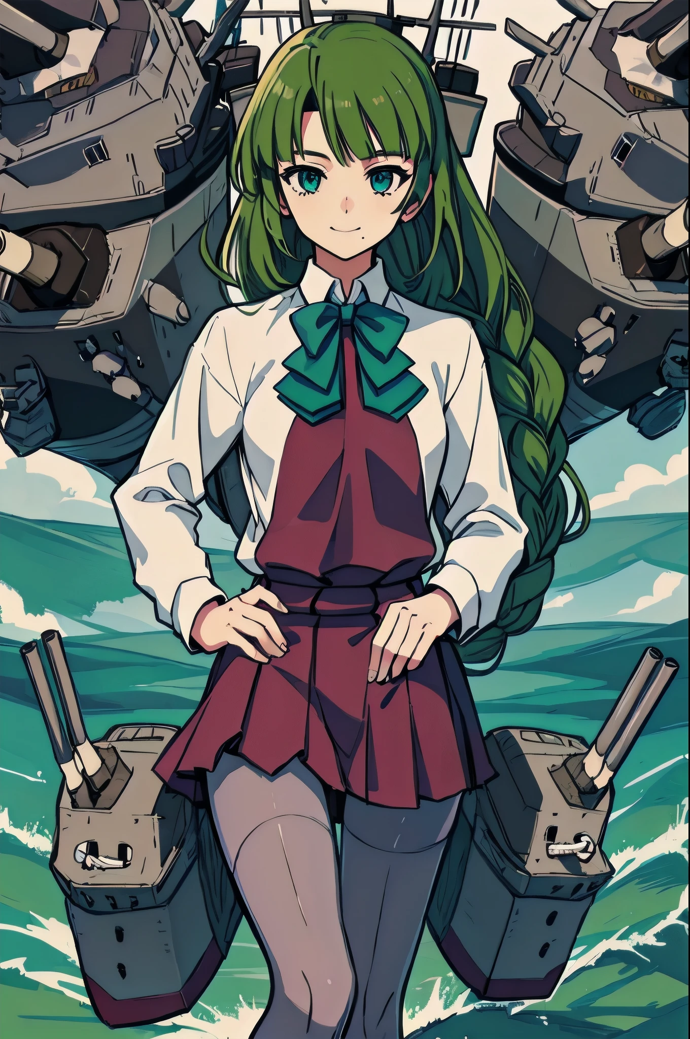 (masterpiece,  best quality:1.2), ((Yukumo Kaiji _ Kantai Collection:1.15)),  cowboy shot of a man, Alone,  1 girl , (Symmetrical eyes,  very detailed eyes,  beautiful eyes), ( very detailed face, Beautiful Face),High resolution High definition eyes High definition face、 extremely detailed body , Beautiful Attention to Details , Full body view, 1 girl, Alone, , smile,  closed mouth、Put your hands on your hips , single braid,  school uniform , blazer,  halter neck ,  bow tie,  Long Sleeve  , gray knee socks,  green hair 、Aqua Bow, Aqua Bowtie, Grey pantyhose,  Long Sleeve , Pleated dress,  purple dress ,   school uniform, Seamless Legwear,  white shirt ,   halter neck, boots, 
Outdoor,  Full Body,  in the center standing