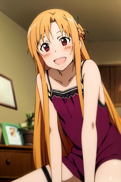 ((Best Quality)), ((masterpiece)), (be familiar with),  perfect face, indoor, bedroom,  is watching viewers,
One woman, Yuuki Asuna,
 open mouth , Ecstatic expression, blush, smile,
Small breasts,  flat chest, , ,  kids, Girl,
Long Hair,  long hair,
Leg spread,