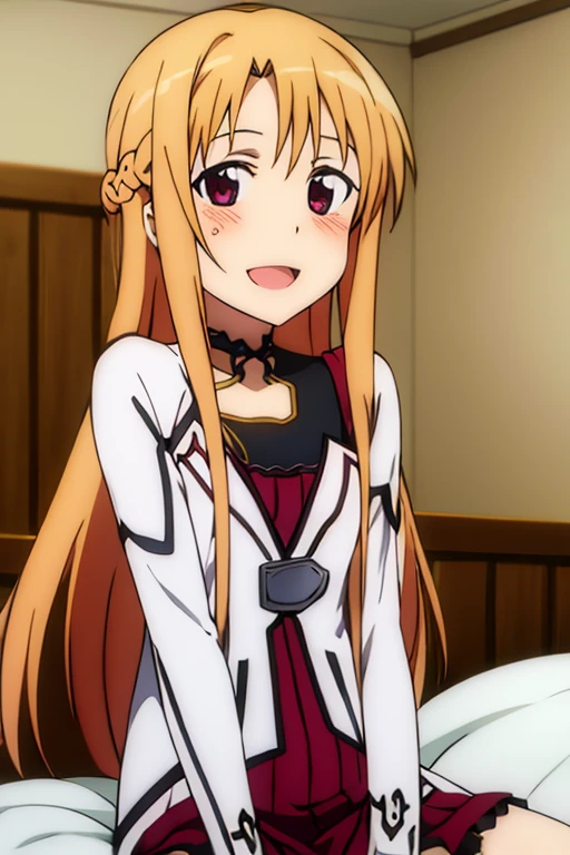 ((Best Quality)), ((masterpiece)), (be familiar with),  perfect face, indoor, bedroom,  is watching viewers,
One woman, Yuuki Asuna,
 open mouth , Ecstatic expression, blush, smile,
Small breasts,  flat chest, , ,  kids, Girl,
Long Hair,  long hair,
Leg spread,