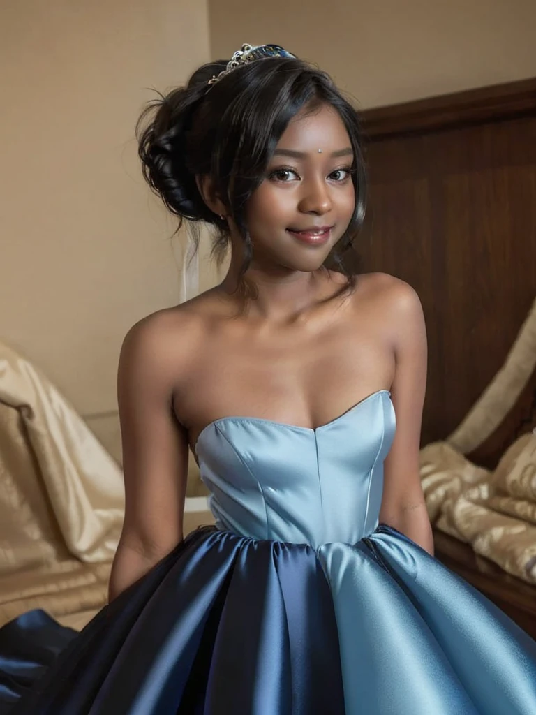 A Indian girl, black ponytail, (black skin:1.4), BREAK, baby face, standing, (satin princess dress, blue wedding dress:1.4), BREAK, (wedd00ing:1.2), (tiny tits, tt_flat), ((shooting from side)), armpit, smiling,+ bedroom, 