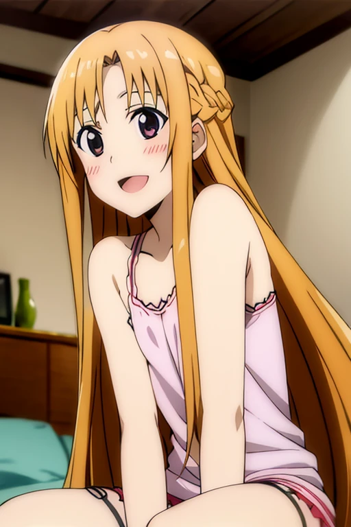 ((Best Quality)), ((masterpiece)), (be familiar with),  perfect face, indoor, bedroom,  is watching viewers,
One woman, Yuuki Asuna,
 open mouth , Ecstatic expression, blush, smile,
Small breasts,  flat chest, , ,  kids, Girl,
Long Hair,  long hair,
Leg spread,