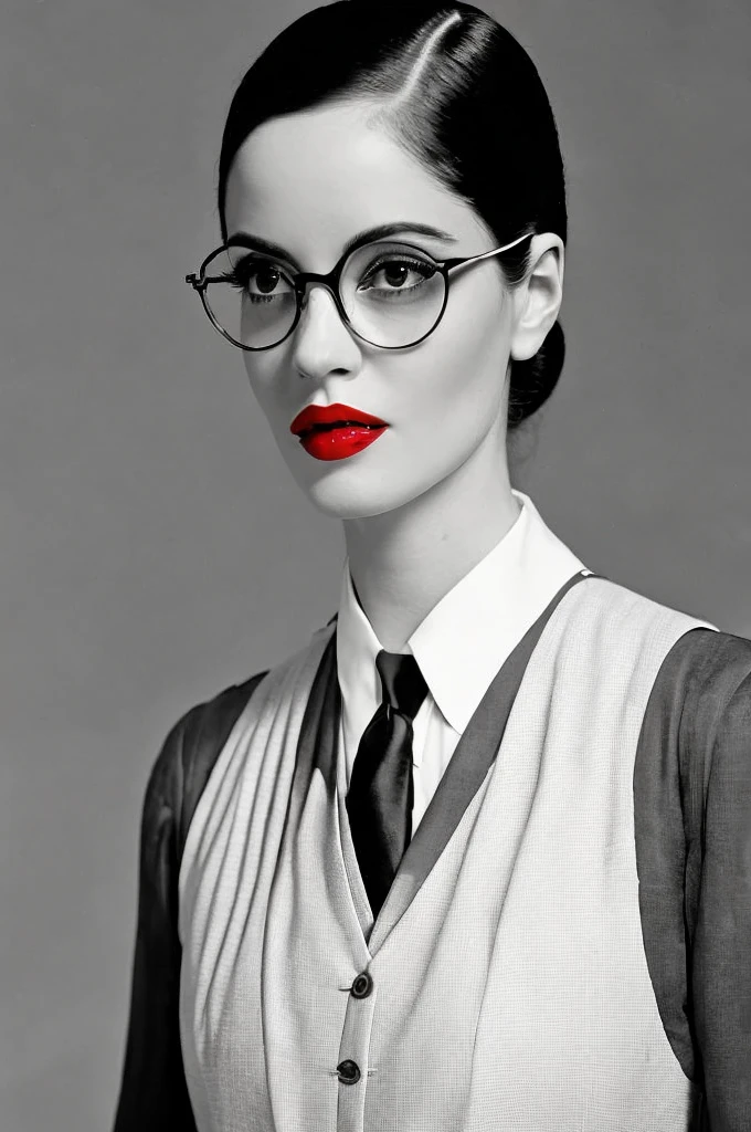  Black hair ponytail, round glasses, red lipstick, 1930's adventure clothing, black tie, white vest, serious expression, closed mouth, old library background, 28yrs old