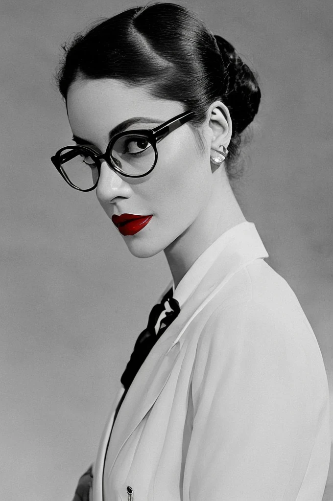  Black hair ponytail, round glasses, red lipstick, 1930's adventure clothing, black tie, white vest, serious expression, closed mouth, old library background, 28yrs old