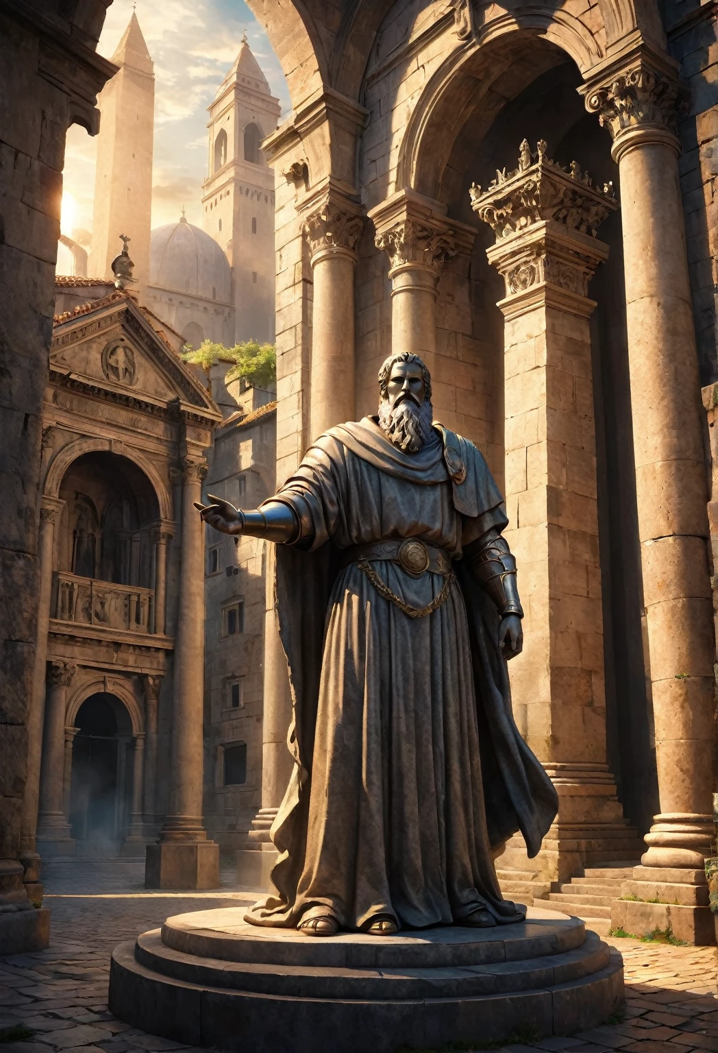 medieval, steel bank city, medieval, tough city, not very peaceful, with the statue of a titan, the tallest in the world, with his arm outstretched and his palm open, aged stone statue, with a robe like in Rome. ((Dramatic studio lighting)), ((Fine lines)), ((Highly detailed)), ((Stunning graphics)), ((Detailed strokes) ), ((Atmospheric)), ((Blurred background)), ((Ultra-fine 2D design)), ((Creative scenery)), ((Highly detailed anime painting)), ((Best quality 2D strokes)), ((Best quality)), ((Sharp focus)), ((High-octane rendering)), ((8K anime style)). full body.