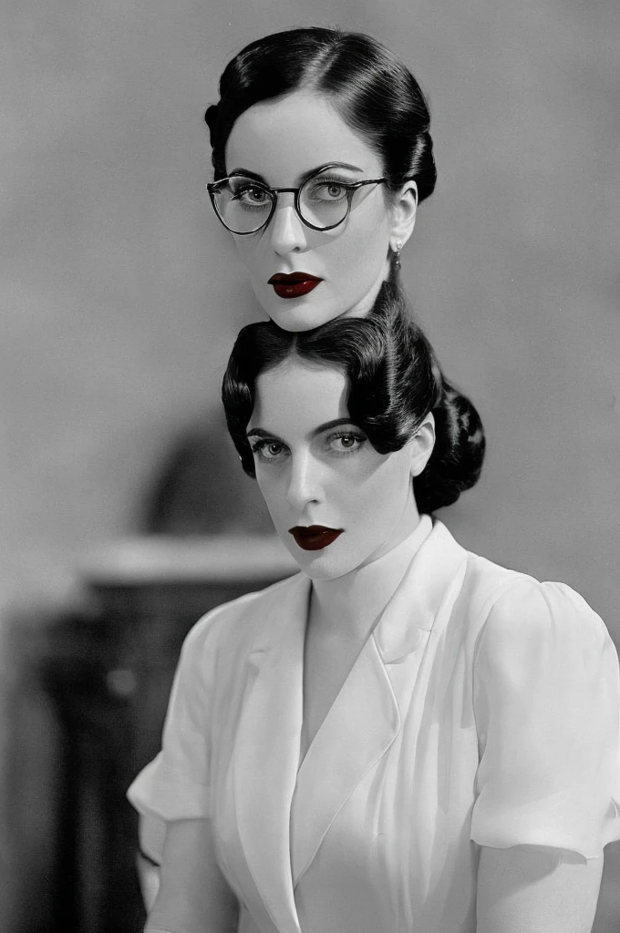  Black hair ponytail, round glasses, red lipstick, 1930's adventure clothing, black tie, white vest, serious expression, closed mouth, old library background, 28yrs old