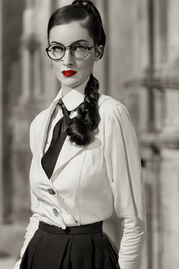  Black hair ponytail, round glasses, red lipstick, 1930's adventure clothing, black tie, white vest, serious expression, closed mouth, old library background, 28yrs old