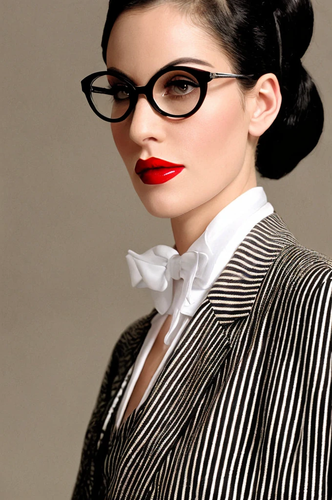  Black hair ponytail, round glasses, red lipstick, 1930's adventure clothing, black tie, white vest, serious expression, closed mouth, old library background, 28yrs old