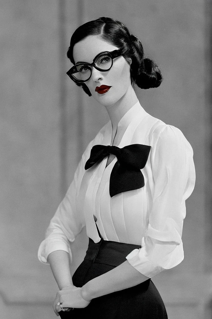  Black hair ponytail, round glasses, red lipstick, 1930's adventure clothing, black tie, white vest, serious expression, closed mouth, old library background, 28yrs old