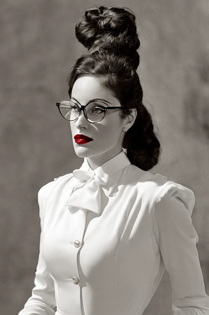  Black hair ponytail, round glasses, red lipstick, 1930's adventure clothing, black tie, white vest, serious expression, closed mouth, old library background, 28yrs old