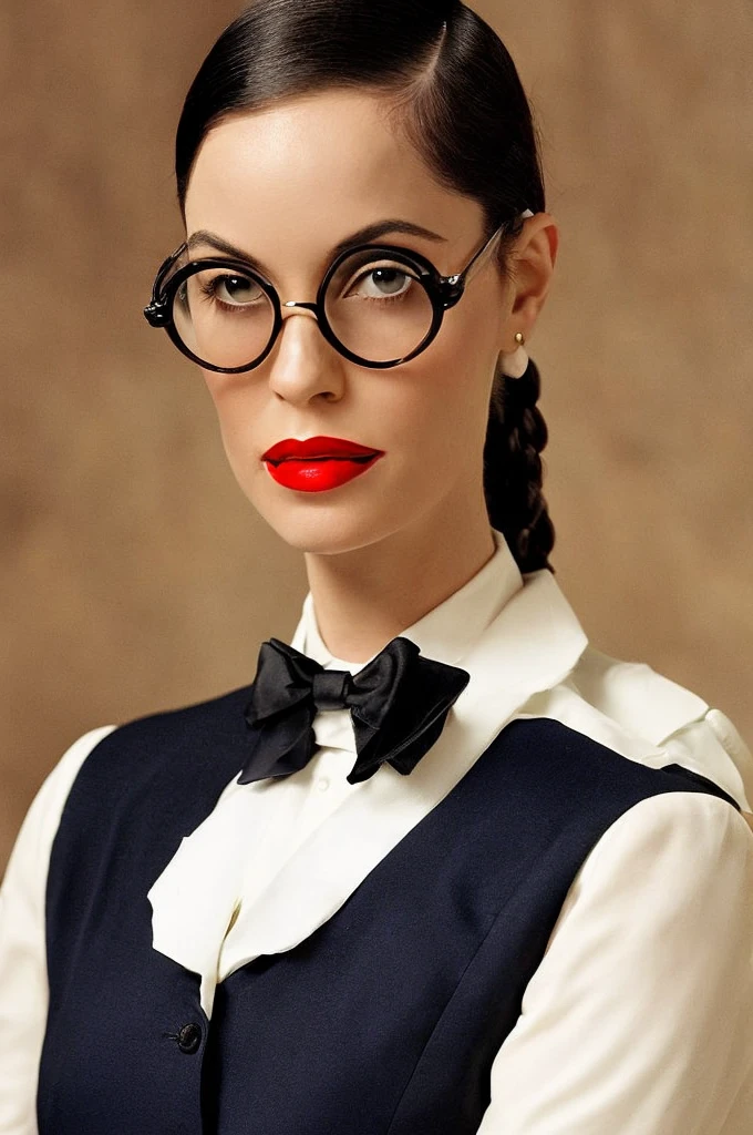  Black hair ponytail, round glasses, red lipstick, 1930's adventure clothing, black tie, white vest, serious expression, closed mouth, old library background, 28yrs old