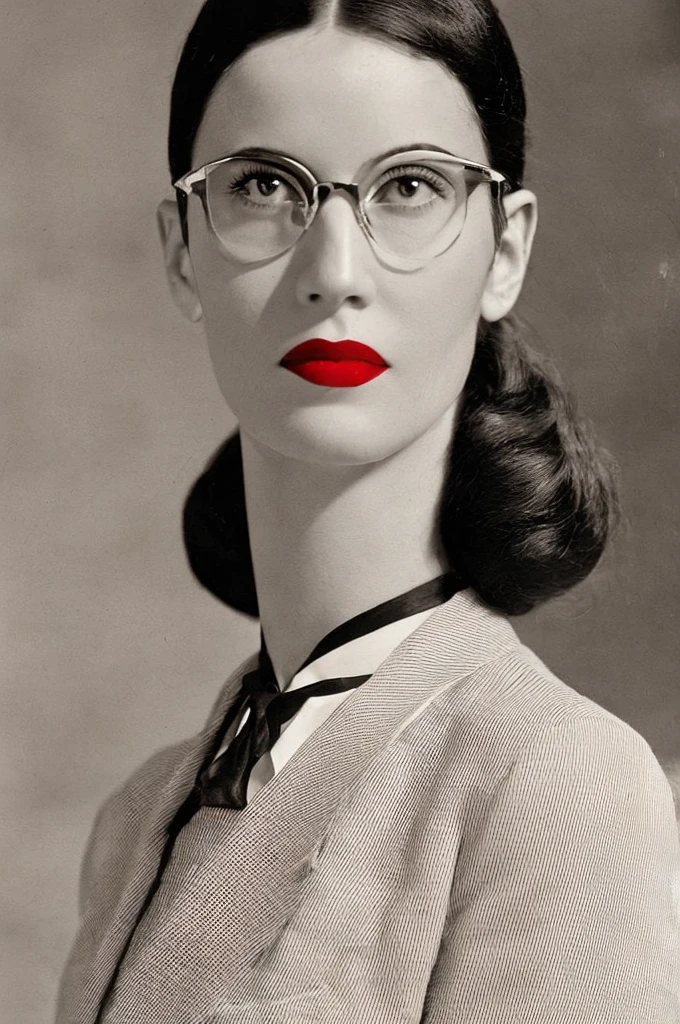  Black hair ponytail, round glasses, red lipstick, 1930's adventure clothing, black tie, white vest, serious expression, closed mouth, old library background, 28yrs old