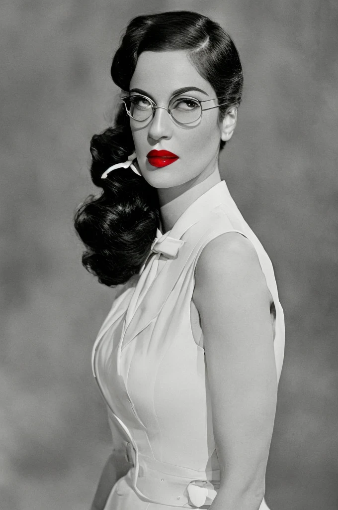  Black hair ponytail, round glasses, red lipstick, 1930's adventure clothing, black tie, white vest, serious expression, closed mouth, old library background, 28yrs old