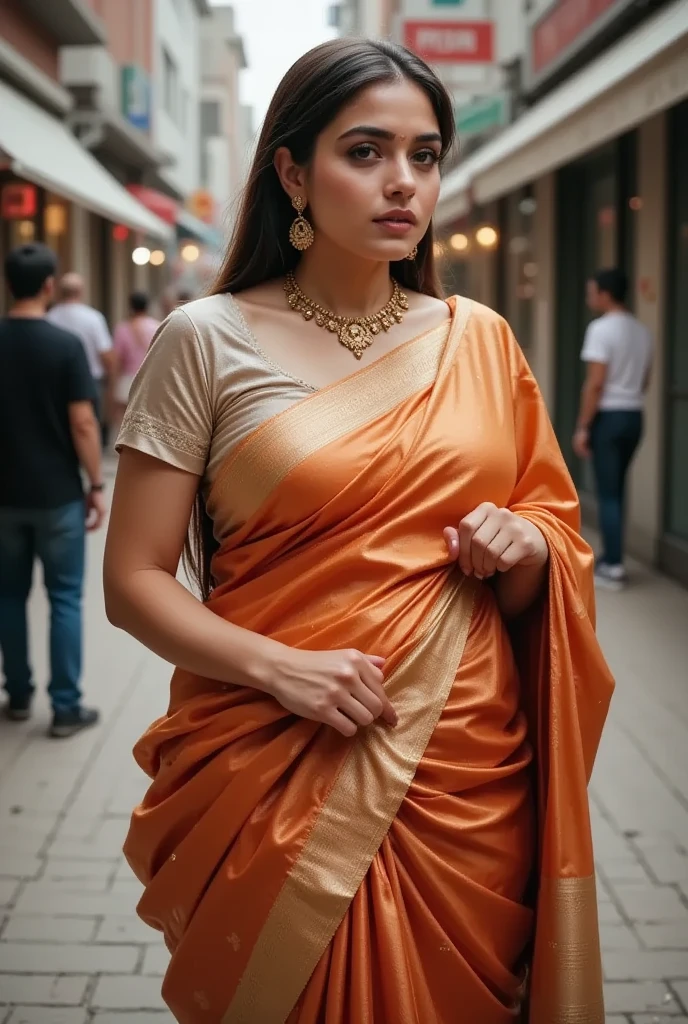 Indian Woman, silk saree, blouse, vale, jewellery, lifting long bulky saree, pussy visible