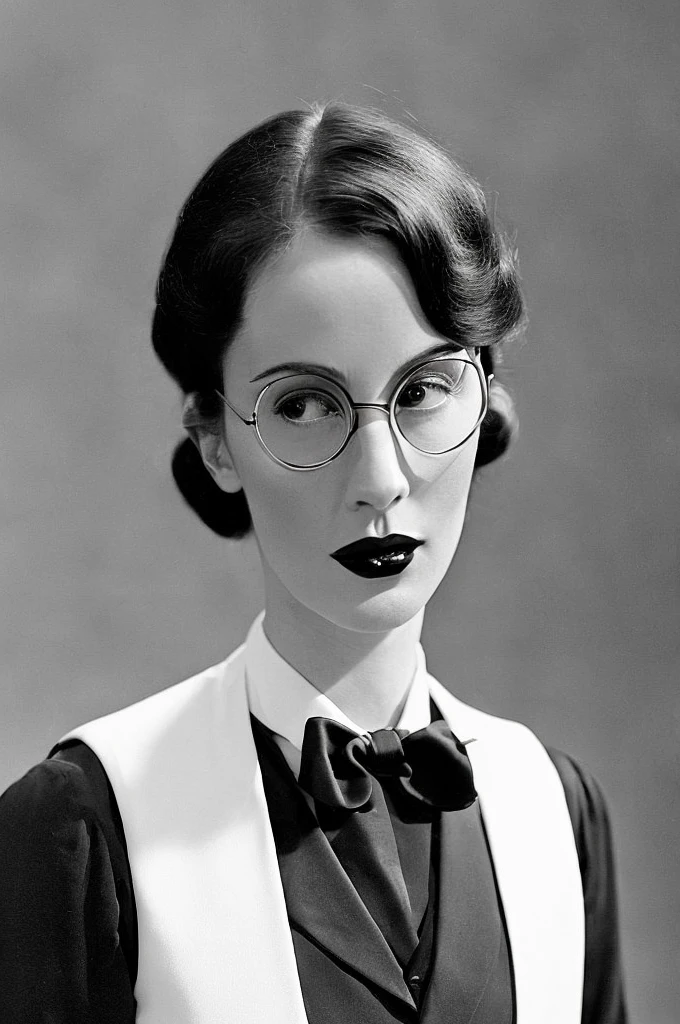  Black hair ponytail, round glasses, red lipstick, 1930's adventure clothing, black tie, white vest, serious expression, closed mouth, old library background, 28yrs old