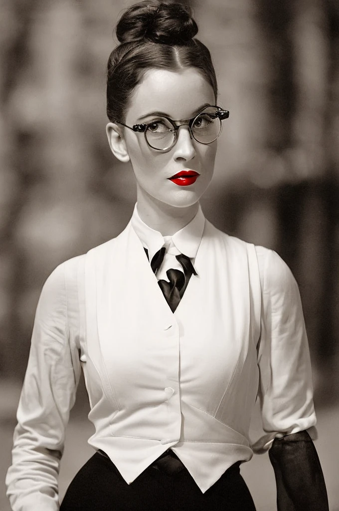  Black hair ponytail, round glasses, red lipstick, 1930's adventure clothing, black tie, white vest, serious expression, closed mouth, old library background, 28yrs old