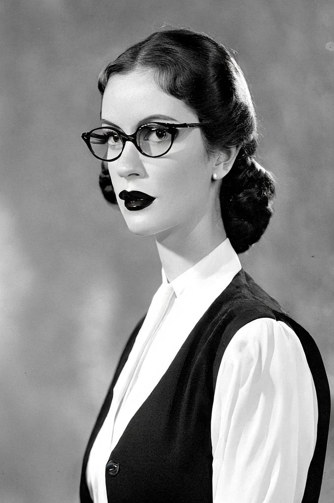  Black hair ponytail, round glasses, red lipstick, 1930's adventure clothing, black tie, white vest, serious expression, closed mouth, old library background, 28yrs old