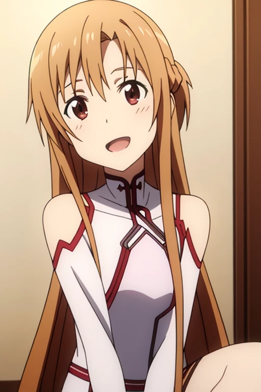 ((Best Quality)), ((masterpiece)), (be familiar with),  perfect face, indoor, bedroom,  is watching viewers,
One woman, Yuuki Asuna,
 open mouth , Ecstatic expression, blush, smile,
Small breasts,  flat chest, , ,  kids, Girl,
Long Hair,  long hair,
Leg spread,