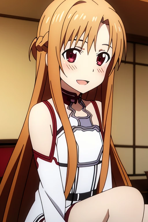 ((Best Quality)), ((masterpiece)), (be familiar with),  perfect face, indoor, bedroom,  is watching viewers,
One woman, Yuuki Asuna,
 open mouth , Ecstatic expression, blush, smile,
Small breasts,  flat chest, , ,  kids, Girl,
Long Hair,  long hair,
Leg spread,