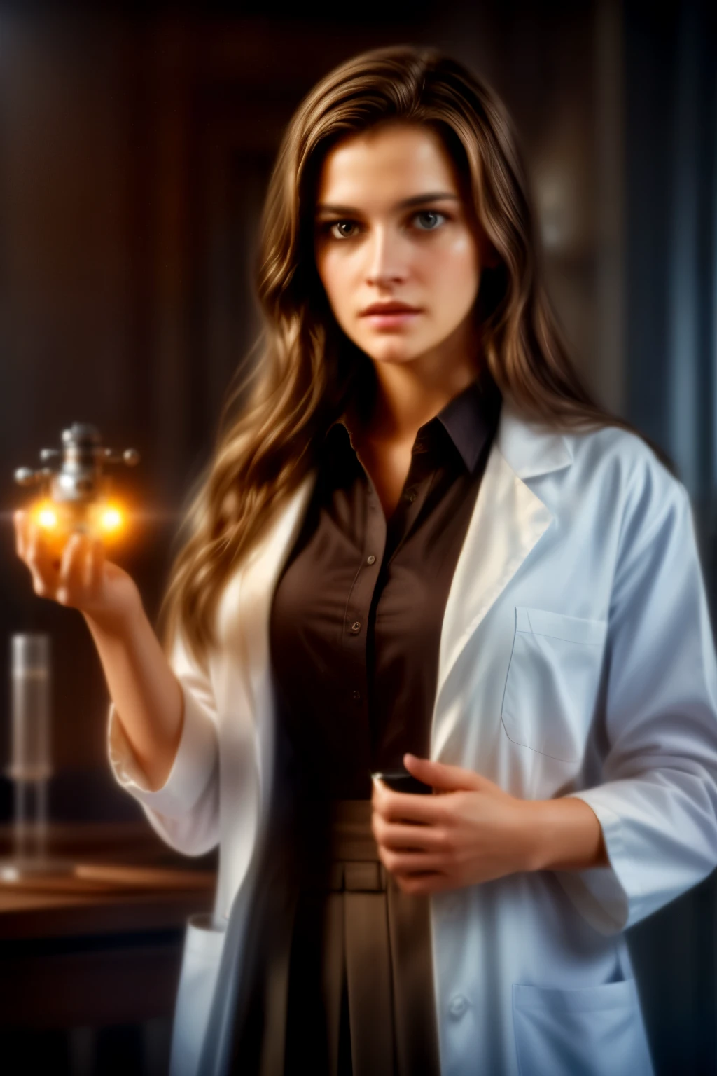 ((best quality)), ((masterpiece)), (detailed), perfect face,a scientist working on a time machine, detailed portrait of a scientist in a lab, wearing a white lab coat, holding futuristic time machine device, intricate gears and displays, complex scientific equipment, dramatic lighting, cinematic composition, photorealistic, 8k, award winning digital art