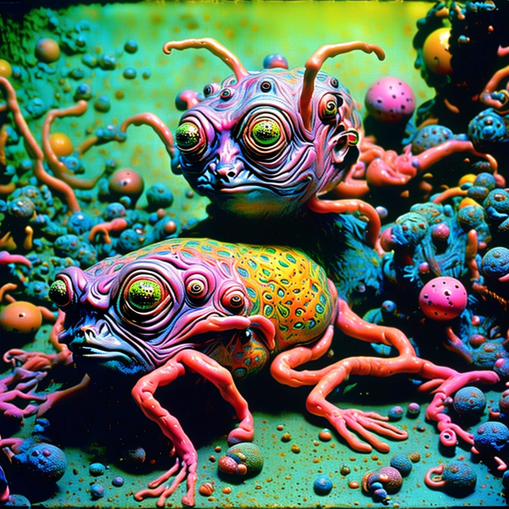 Loab,,, this sculpture of a woman, stop motion character, stop - motion, weird art piece, dough sculpture, abstract claymation, stop motion, weird, claymation character, crazy, realistic cloth puppet, 3 heads, puppets, brighten up the color. Super saturated color even! stunning, amazing art,awe inspiring art, insanity inducing,strange, freaky,wierd,crazy,bizarre.     Loab...     Make this image even more weird,bizarre,and crazy looking! More bright vibrant colors ,neon green neon pink, neon yellow, brighter red,black. Use this image to create a whole portfolio of images that the world would find unnerving, unsettling, and fascinating! The more shocking, gore filled and explicit, the better! 