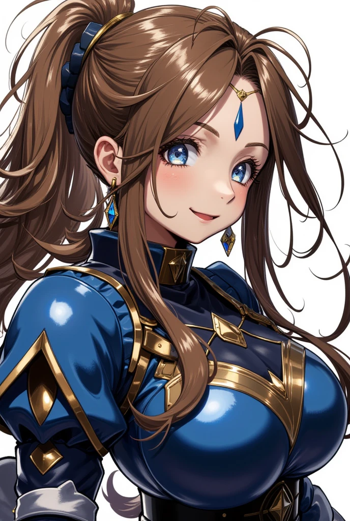 sfw, 1goddess, (priestess, priestess short-neck dress), (short-neck:1.3), long sleeves, ((Blue Trimmed Dresses, Blue-Trim)), BREAK, (elegant mature woman), (pleasure smile), open mouth, dynamic angle, dynamic pose, standing, upper-body, close-up, transparent background, BREAK, Lovebell-flux, long ponytail, blue eyes, brown hair, gold choker, fingerless blue gloves, bracelet, earring, wedding-ring, BREAK, (shiny skin, white Pearl skin), detailed eyes, detailed eyelashes, extremely detailed face, sharp detailed lips, dramatic lighting, ((sharp focus, sharp detail)),