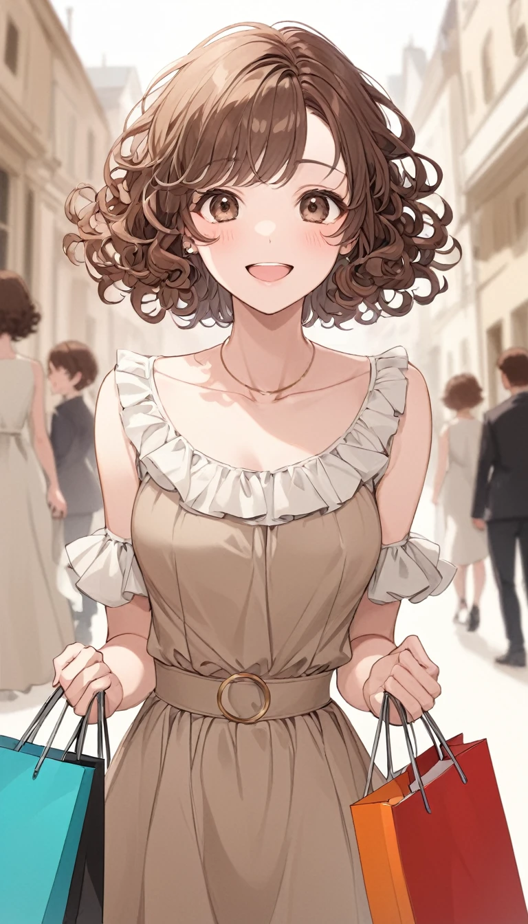 short hair,curly brown hair,brown eyes,smile,expressive,model,rich,shopping bags