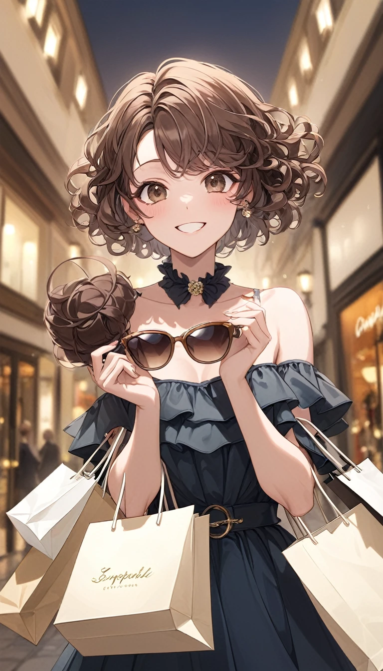 short hair,curly brown hair,brown eyes,smile,expressive,model,rich,shopping bags,expensive,sunglass