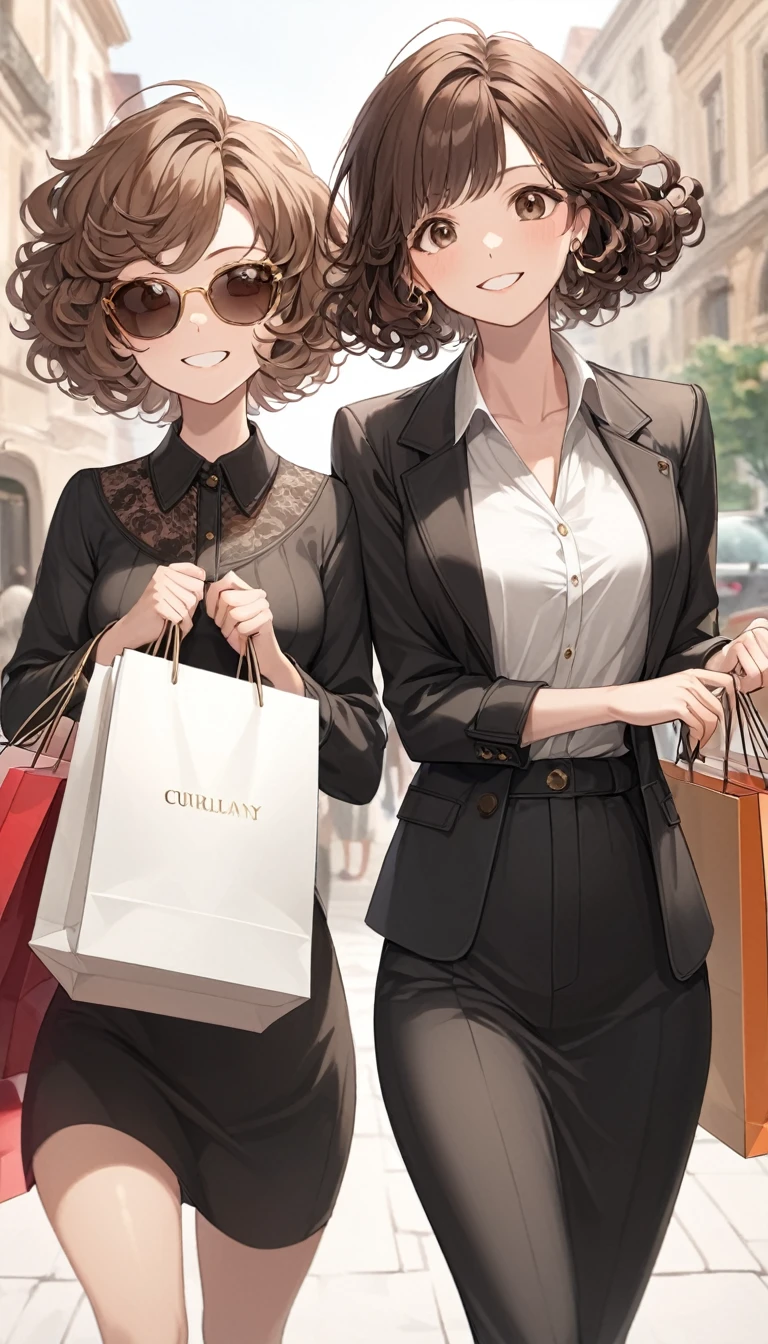 short hair,curly brown hair,brown eyes,smile,expressive,model,rich,shopping bags,expensive,sunglass