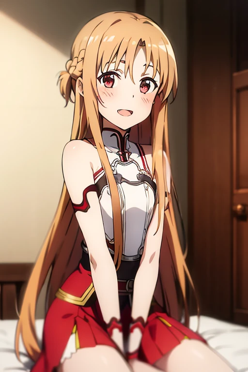 ((Best Quality)), ((masterpiece)), (be familiar with),  perfect face, indoor, bedroom,  is watching viewers,
One woman, Yuuki Asuna,
 open mouth , Ecstatic expression, blush, smile,
Small breasts,  flat chest, , ,  kids, Girl,
Long Hair,  long hair,
Leg spread,